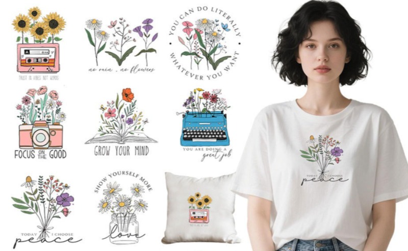 Embroidery Tshirt - Cartoon Floral Flower Iron On Heat