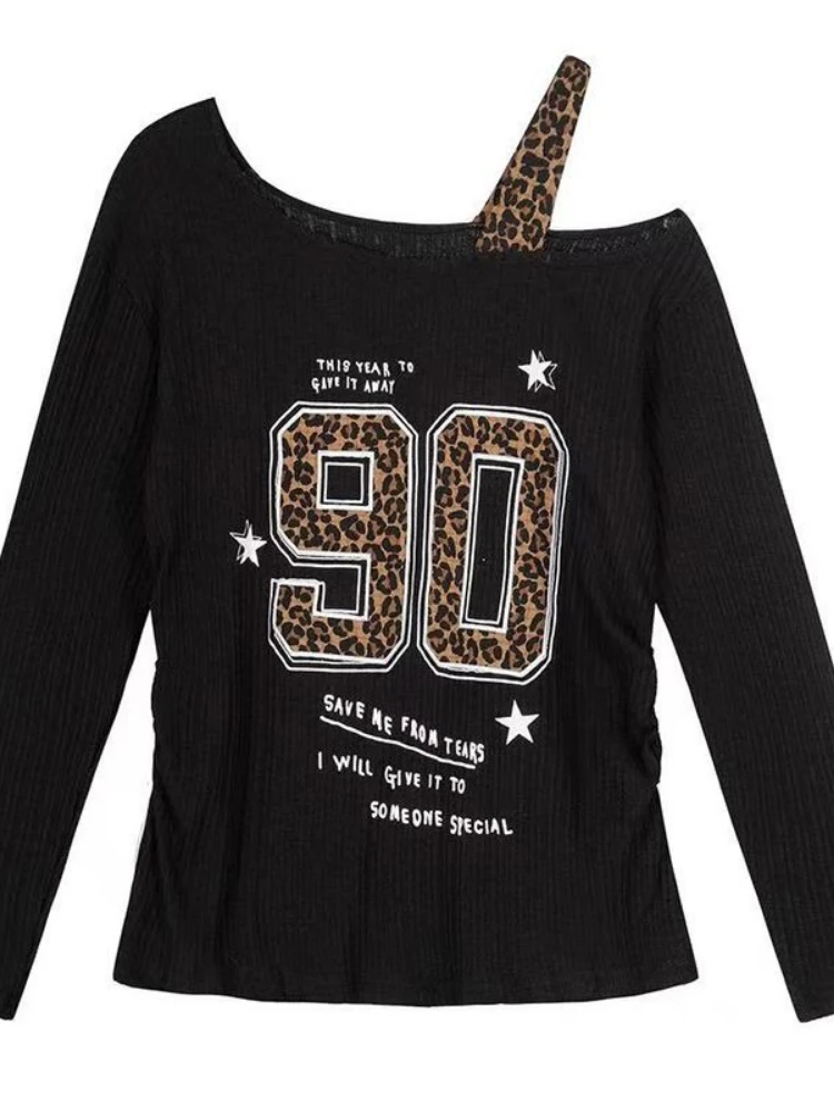 Embroidery Tshirt - Y2K Patchwork Leopard Print T-Shirt Women