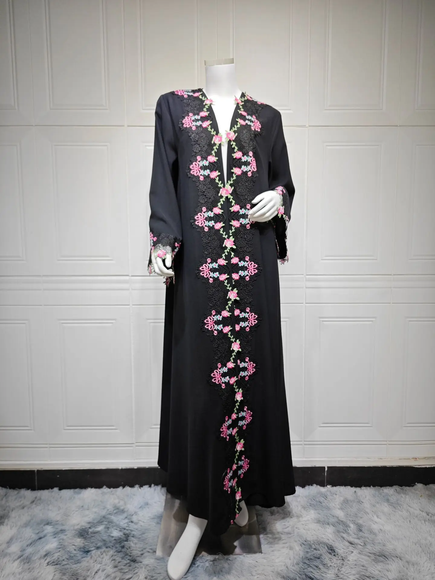 Embroidery Kebaya - Black Embroidery Kimono Jalabiya Abaya Dubai