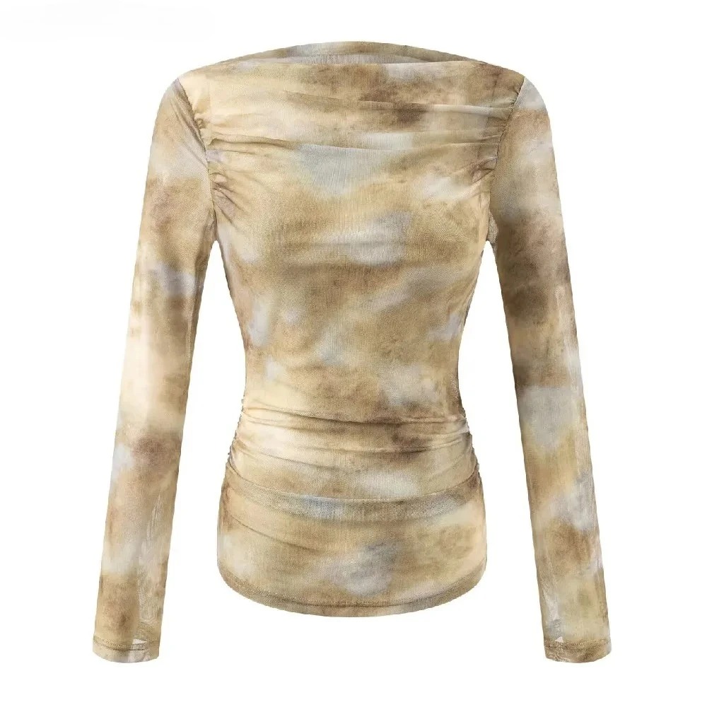 Embroidery Tshirt - 2025 Sexy Tie-Dye Print Ruched Shoulder