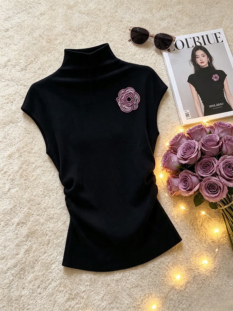 Elegant Black High Collar Slee - огляд і ціна Embroidery Tshirt