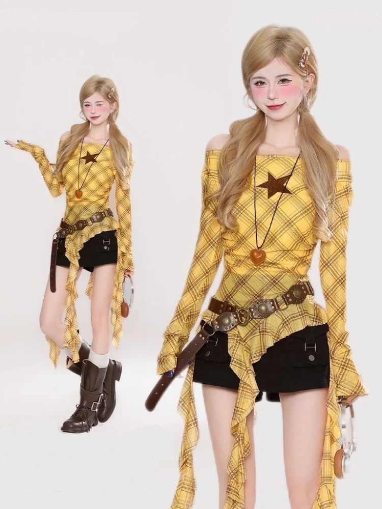 Y2K Plaid Slash Neck Vintage T - огляд і ціна Embroidery Tshirt