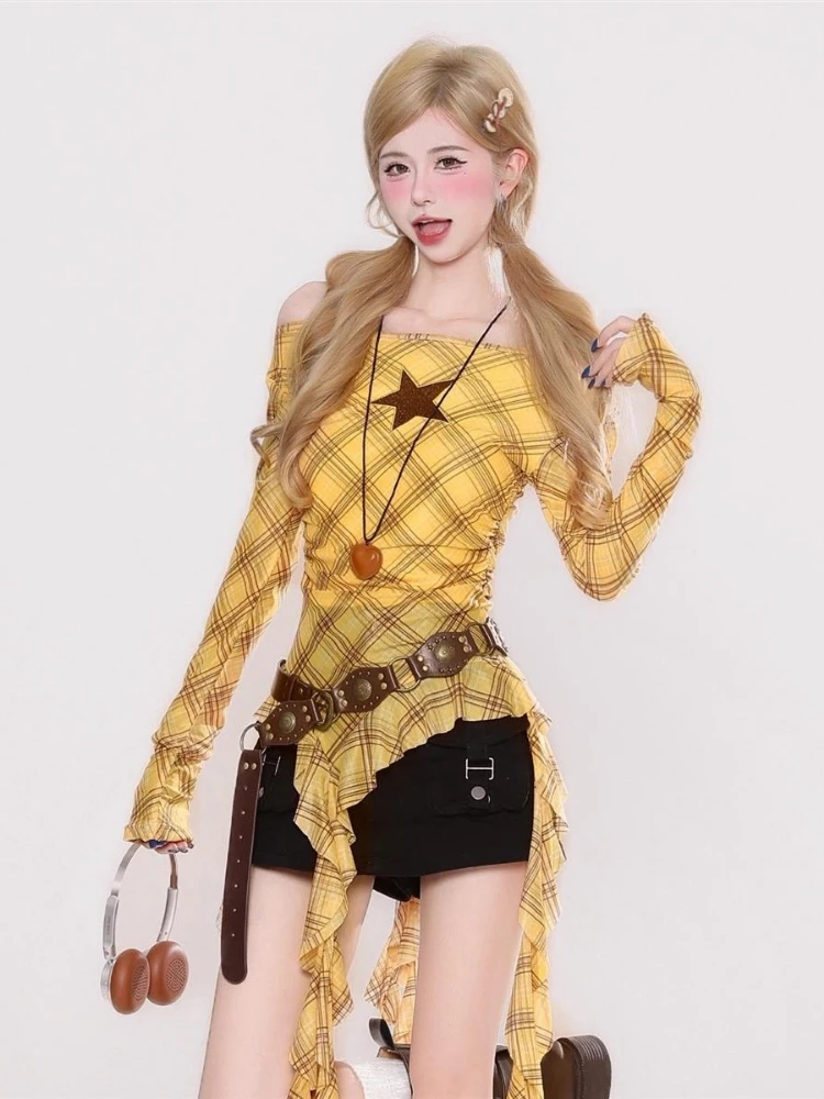 Y2K Plaid Slash Neck Vintage T - огляд і ціна Embroidery Tshirt