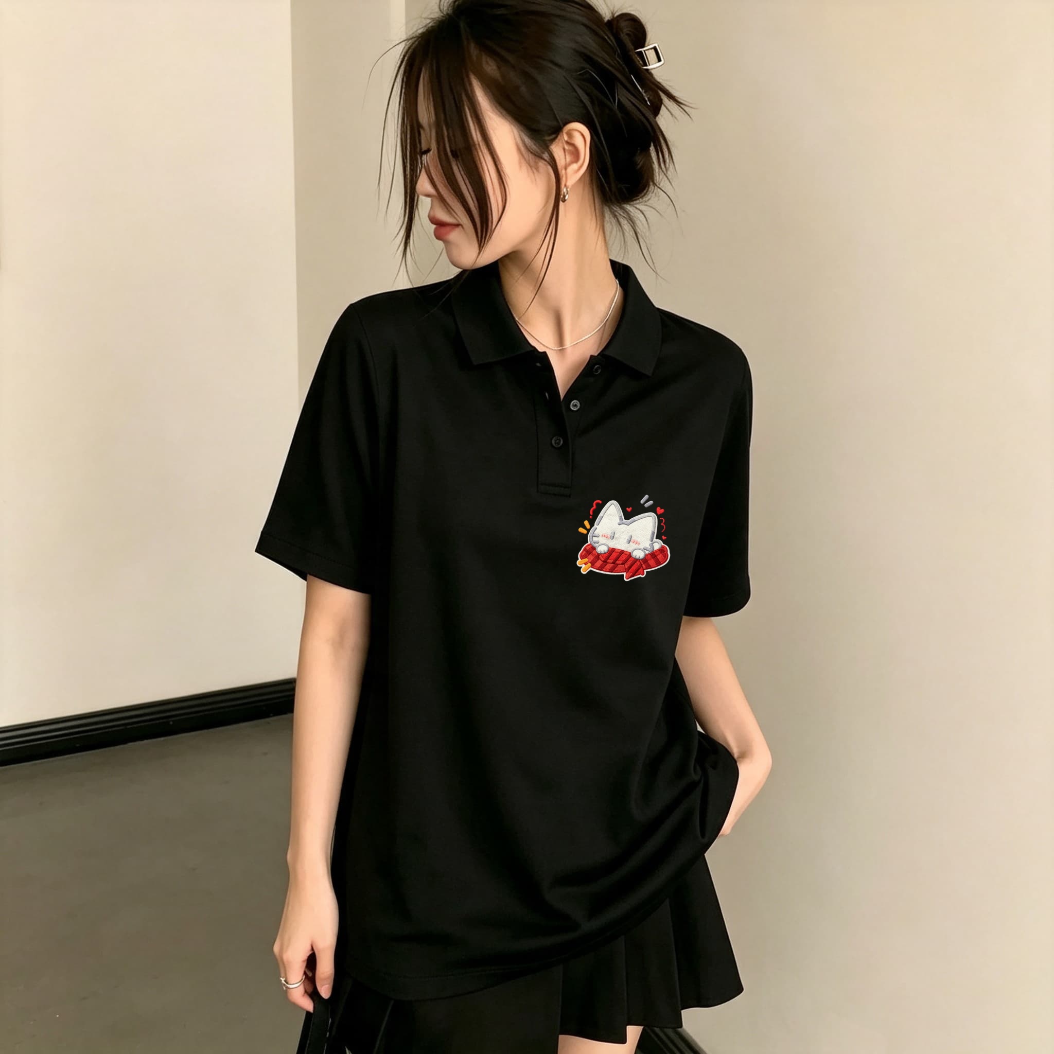 Women Black Lapel Collar Polo  - огляд і ціна Embroidery On Black Shirt